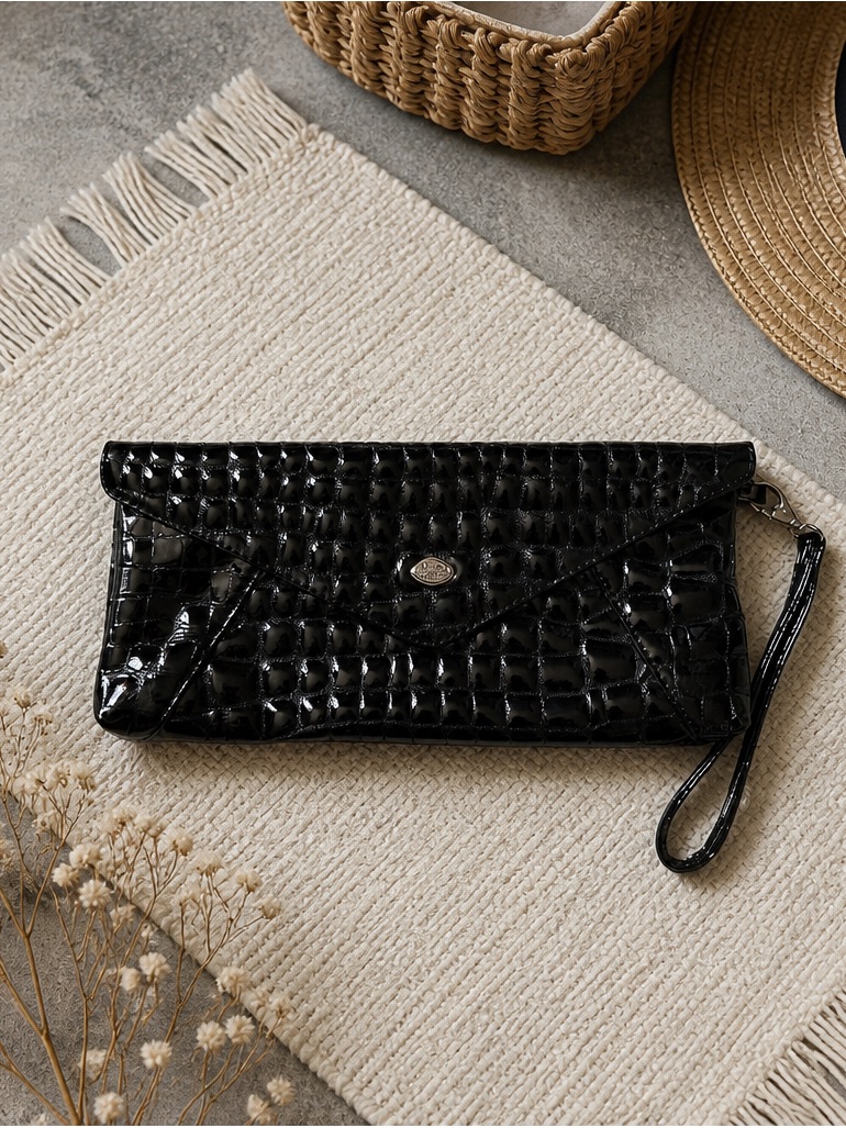 The Trend Italy Black Leather Croc-Embossed Patent Wristlet Clutch